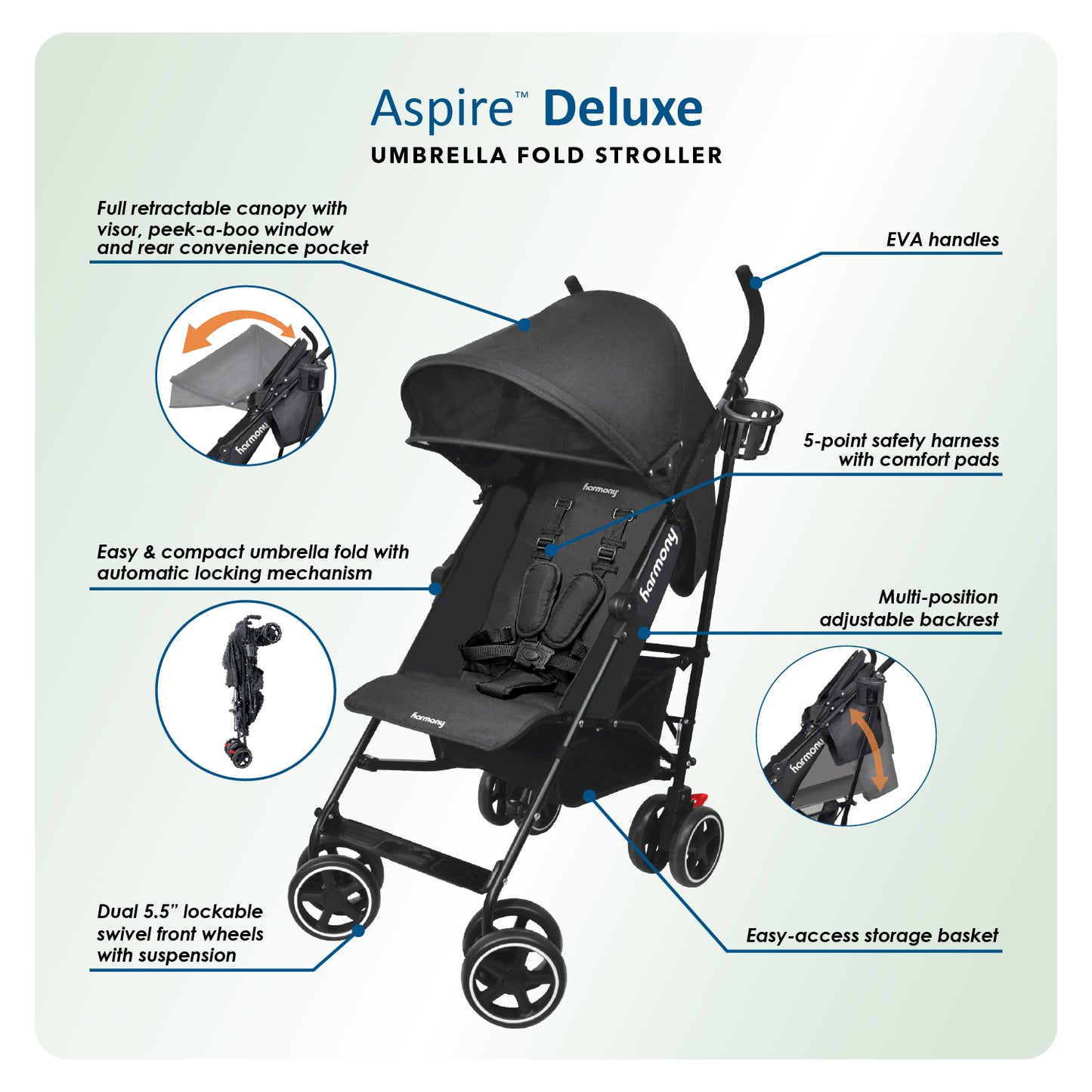 Harmony Aspire Deluxe
Umbrella Fold Stroller