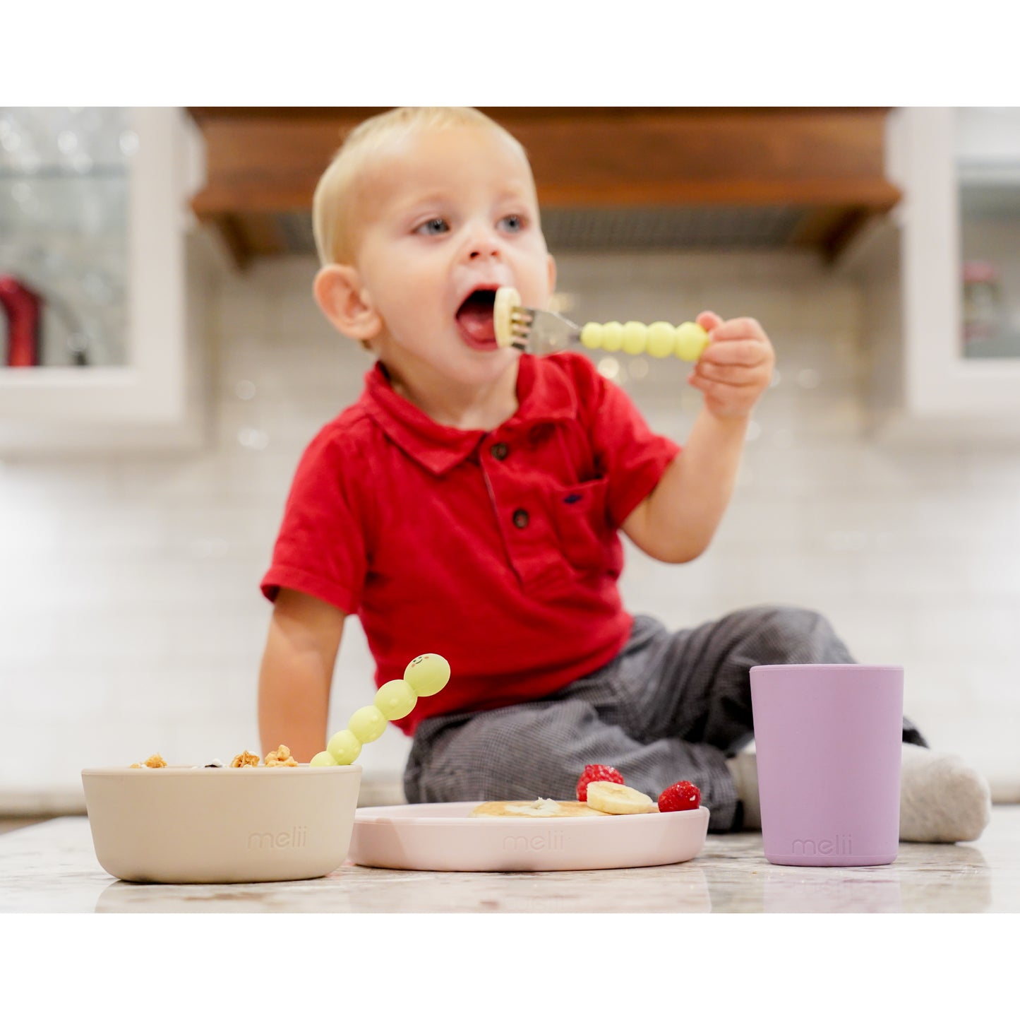 ميلي - طقم إطعام سيليكون مكون من 3 قطع (طبق ووعاء وكوب) باللون الأرجواني والوردي والرمادي