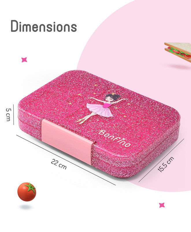 Bonfino Ballerina ABS Bento Lunch Box, BPA Free, Microwave Safe Removable Tray, 6 Adjustable Compartments, Leak Resistant, Lightweight, 3 Years+, 22x15.5x5cm, 1L - Pink