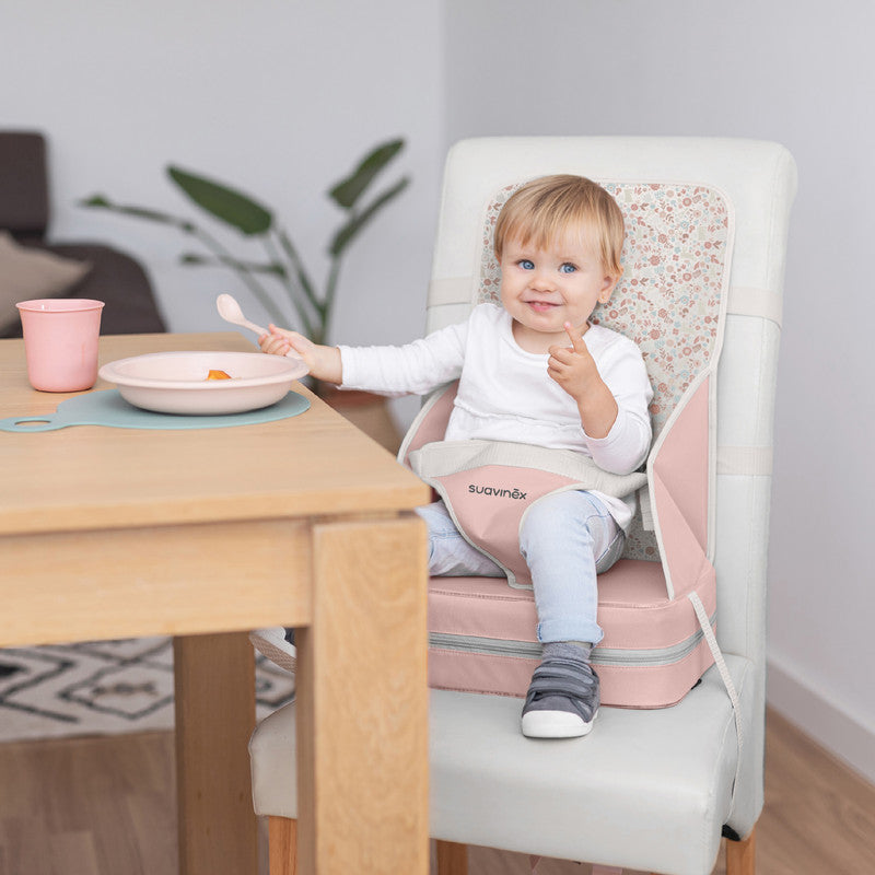 Suavinex Portable High Chair Baby Booster Seat +6M, Allow Baby to Sit & Eat at the Table with the Grown-Ups, Convertible into Bag with Harness Blue