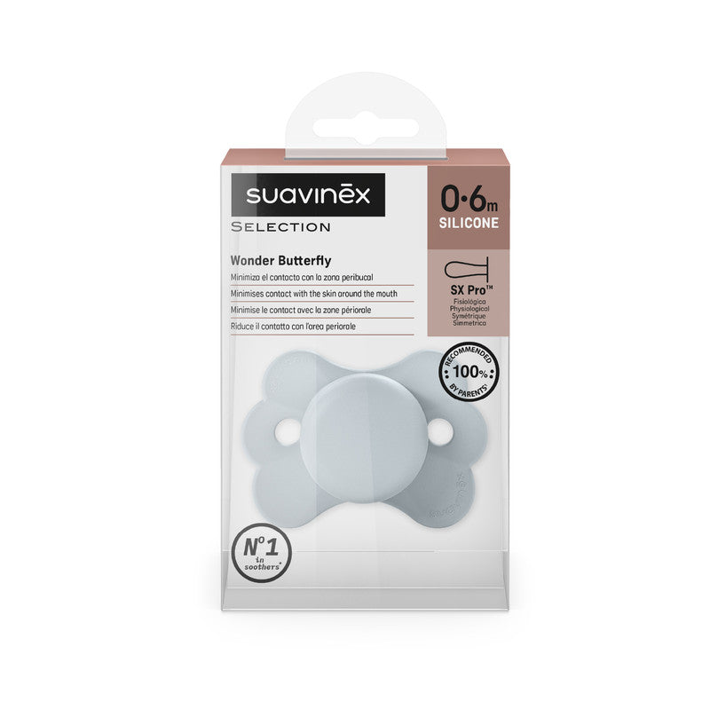 Suavinex SX Pro Ultra Soft Butterfly Shape Baby Pacifier for Babies 0-6 months with Silicone Nipple Physiological Teat Safe for Baby - Blue