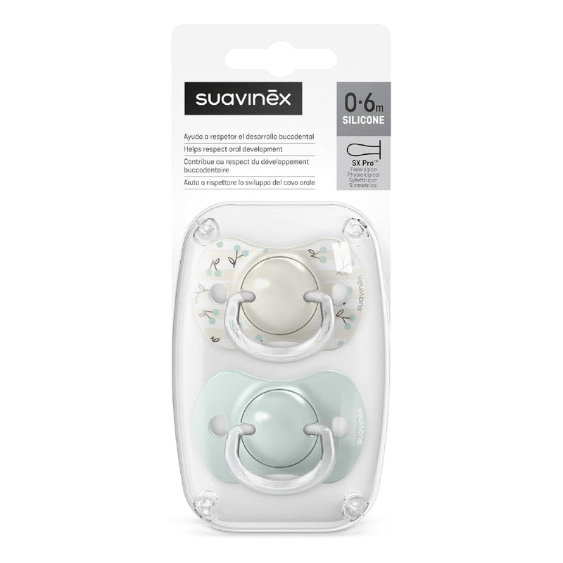 Suavinex, Pack of 2 Pacifiers for Babies 0/6 Months and Newborns, with Silicone Physiological Teat SX Pro Symmetrical, Flat and Flexible, Respects Oral Development, Birdies Green