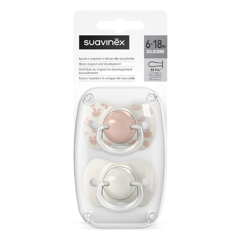 Suavinex, Pack of 2 Pacifiers for Babies 6/18 Months, with Physiological Silicone Teat SX Pro Symmetrical, Flat and Flexible, Respects Oral Development, Birdies Pink