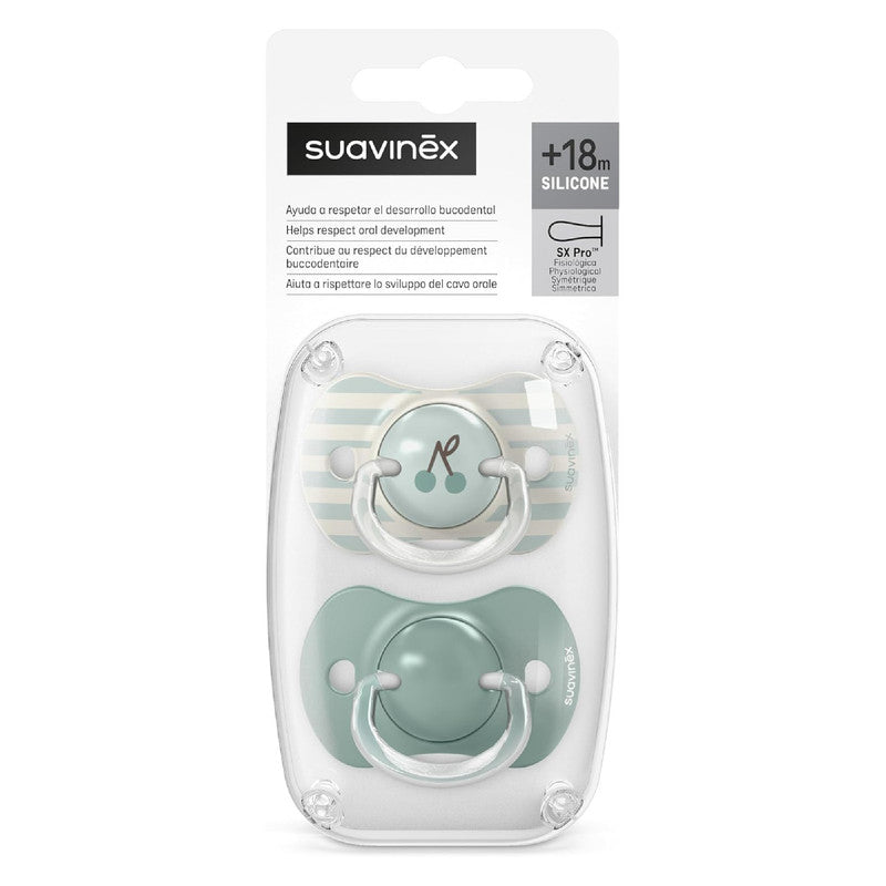 Suavinex, Pack of 2 Pacifiers for Babies +18 Months, with Physiological Silicone Teat SX Pro Symmetrical, Flat and Flexible, Respects Oral Development, Birdies Green