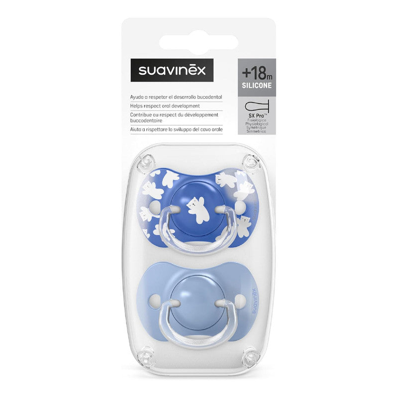 Suavinex, Pack of 2 Pacifiers for Babies +18 Months, with Physiological Silicone Teat SX Pro Symmetrical, Flat and Flexible, Respects Oral Development, Wild&Free Blue