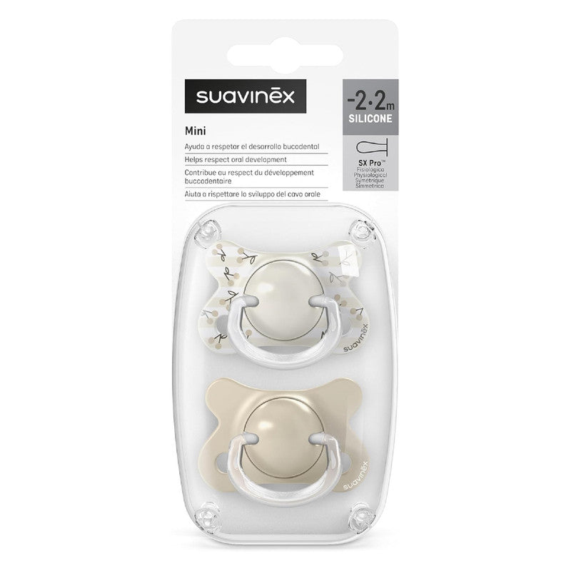 Suavinex, Pack of 2 Baby Pacifiers Newborn and Small, Special Size Mini -2/2 Months, SX Pro Symmetrical and Flexible Silicone Physiological Teat, Respects Oral Development, Birdies Beige
