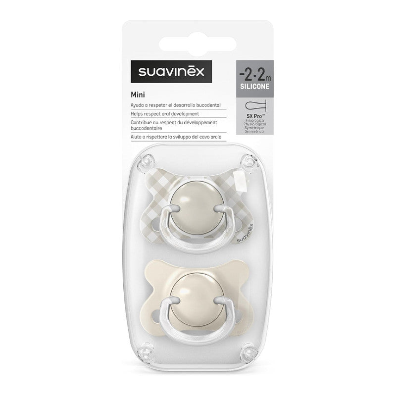 Suavinex, Pack of 2 Baby Pacifiers Newborn and Small, Special Size Mini -2/2 Months, Physiological Silicone Teat SX Pro Symmetrical and Flexible, Respects Oral Development, Wild&Free Beige