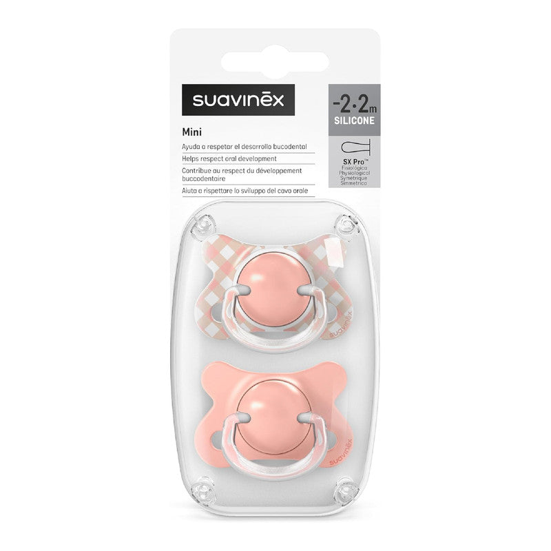 Suavinex, Pack of 2 Baby Pacifiers Newborn and Small, Special Size Mini -2/2 Months, SX Pro Symmetrical and Flexible Silicone Physiological Teat, Respects Oral Development, Wild&Free Pink