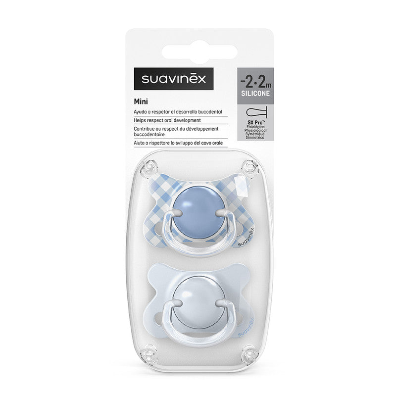 Suavinex, Pack of 2 Baby Pacifiers Newborn and Small, Special Size Mini -2/2 Months, SX Pro Symmetrical and Flexible Silicone Physiological Teat, Respects Oral Development, Wild&Free Blue