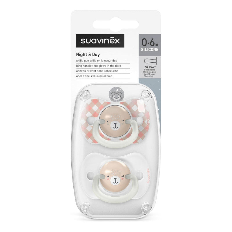Suavinex, Pack of 2 Glow in the Dark Pacifiers, Babies 0/6 Months and Newborns, Sleeping, with Fluorescent Ring and SX Pro Silicone Physiological Teat, Flat and Flexible, Pink