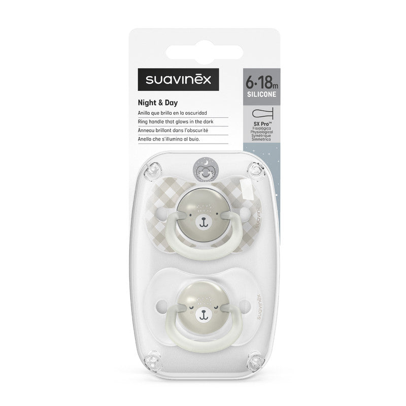Suavinex, Pack of 2 Glow in the Dark Soothers, Babies 6/18 Months, Sleeping, with Fluorescent Ring and SX Pro Silicone Physiological Teat, Flat and Flexible, Grey