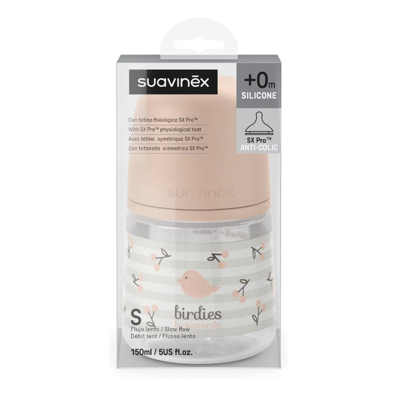 Suavinex, Anticolic Baby Bottle 150ml with SX Pro Silicone Physiological Teat, Slow Flow (S) for Breast and Artificial Milk or Water, Babies +0 Months and Newborns, Birdies Pink