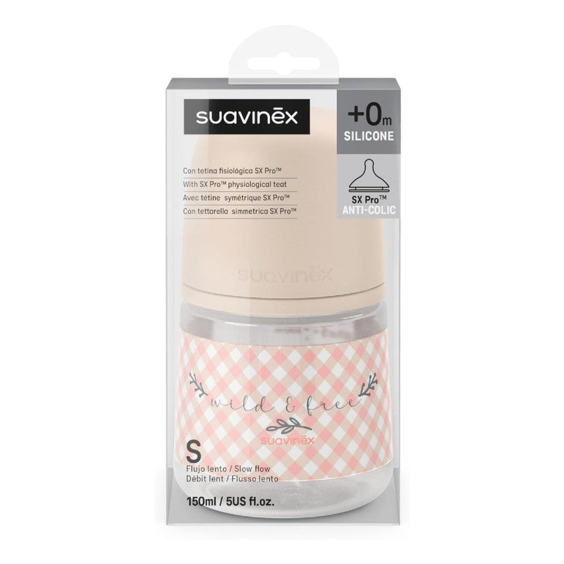 Suavinex, 150ml Bottle with Physiological SX Pro Silicone Teat with Anti-Colic Valve, Slow Flow (S) for Breast and Artificial Milk or Water, Babies +0 Months and Newborns, Wild&Free Pink