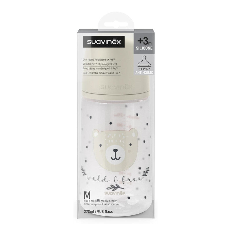 Suavinex, 270 ml Bottle with Physiological SX Pro Silicone Teat with Anti-colic Valve, Medium Flow (M), for Liquids, Milk, Juice or Water, Babies +3 Months. Wild&Free Beige