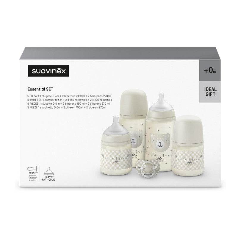 Suavinex, Newborn Baby Bottle Set, Gift Pack with: 2 x 270 ml Medium Flow + 2 x 150 ml Slow Flow + Pacifier 0 to 6 Months, Physiological SX Pro Silicone Teats, 5 Pcs, +0M, Wild&Free Beige