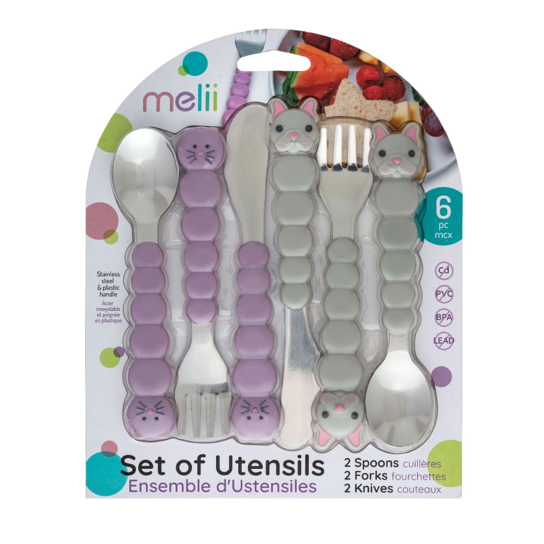 melii Colorful Animal Spoon & Fork Sets for Kids - Encourages Independent Feeding and Fine Motor Skills - BPA-Free, Dishwasher Safe - Purple Cat & Grey Bulldog (6 Pcs)