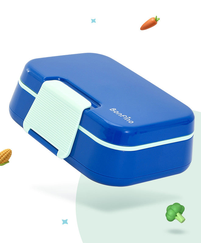 Bonfino Lunch Box with Spoon and Fork, Leak-Resistant Seal, Food-Grade PP and Silicone, Durable, 3 Years+, 1145 mL, 21.5 x 14.5 x 7.6 cm - Blue