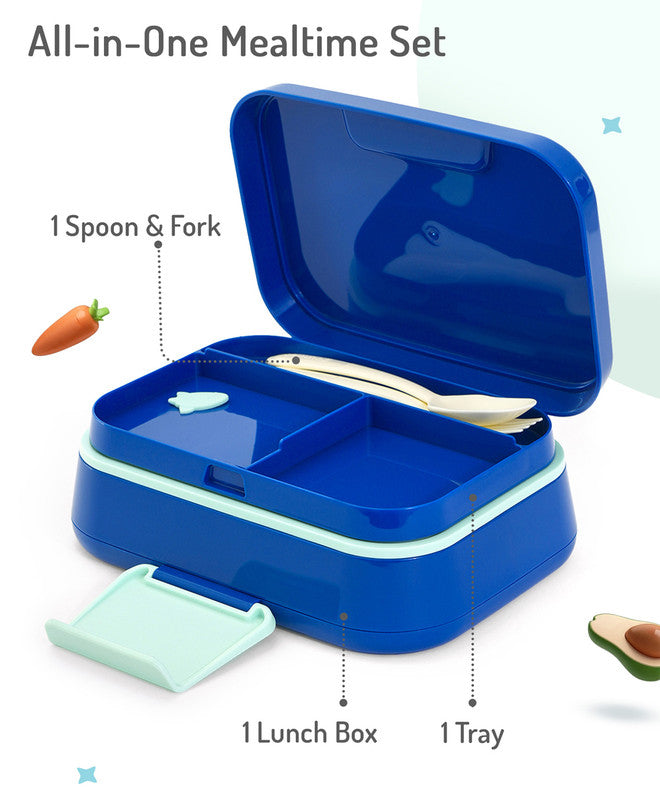 Bonfino Lunch Box with Spoon and Fork, Leak-Resistant Seal, Food-Grade PP and Silicone, Durable, 3 Years+, 1145 mL, 21.5 x 14.5 x 7.6 cm - Blue