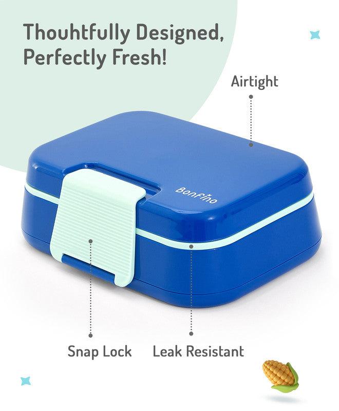 Bonfino Lunch Box with Spoon and Fork, Leak-Resistant Seal, Food-Grade PP and Silicone, Durable, 3 Years+, 1145 mL, 21.5 x 14.5 x 7.6 cm - Blue