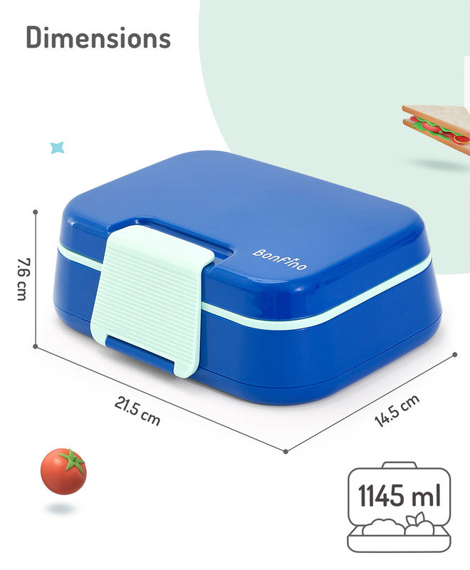 Bonfino Lunch Box with Spoon and Fork, Leak-Resistant Seal, Food-Grade PP and Silicone, Durable, 3 Years+, 1145 mL, 21.5 x 14.5 x 7.6 cm - Blue