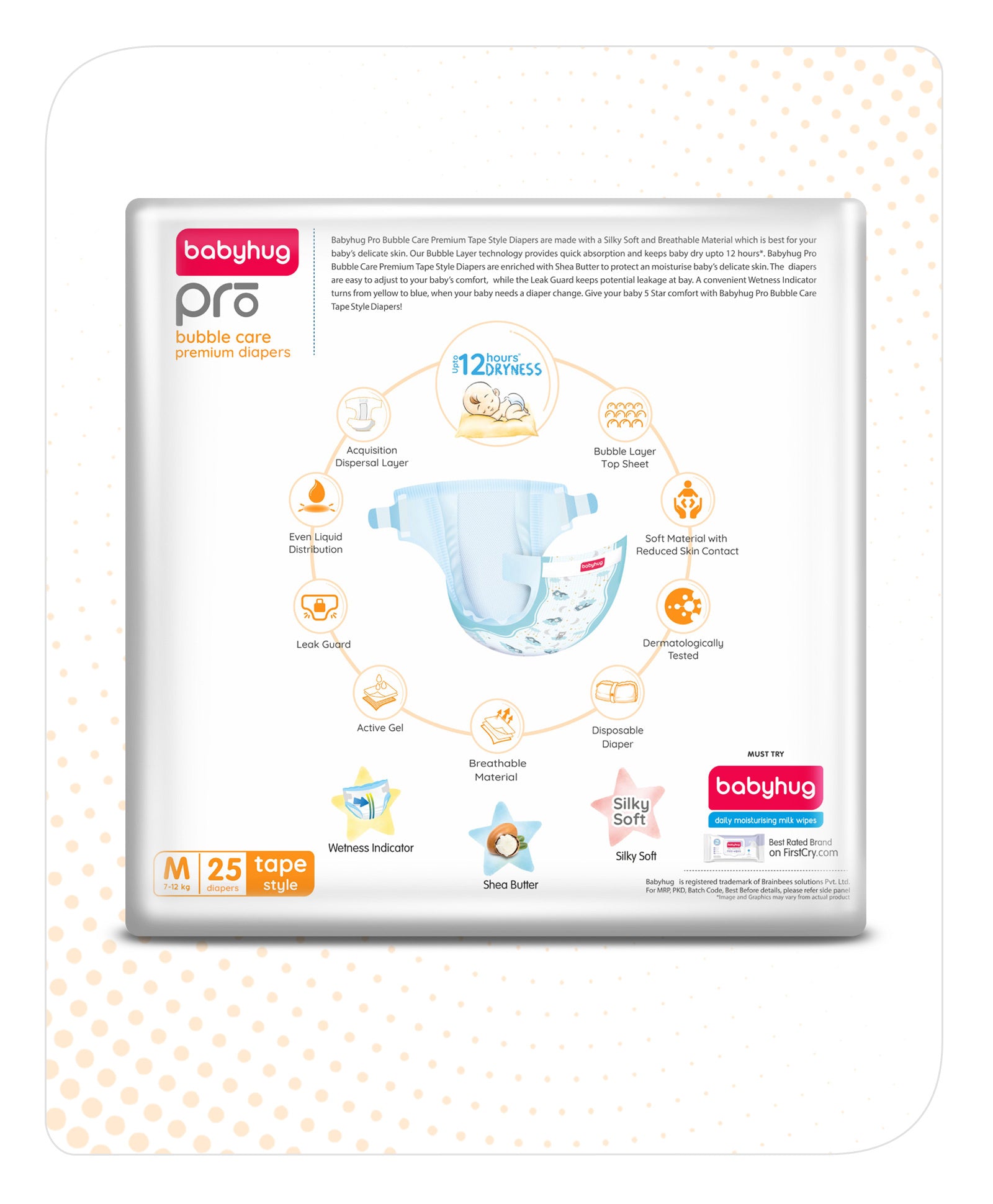 Babyhug Pro Bubble Care Premium Tape Style Diapers, Size 3, Medium - 25 Pieces