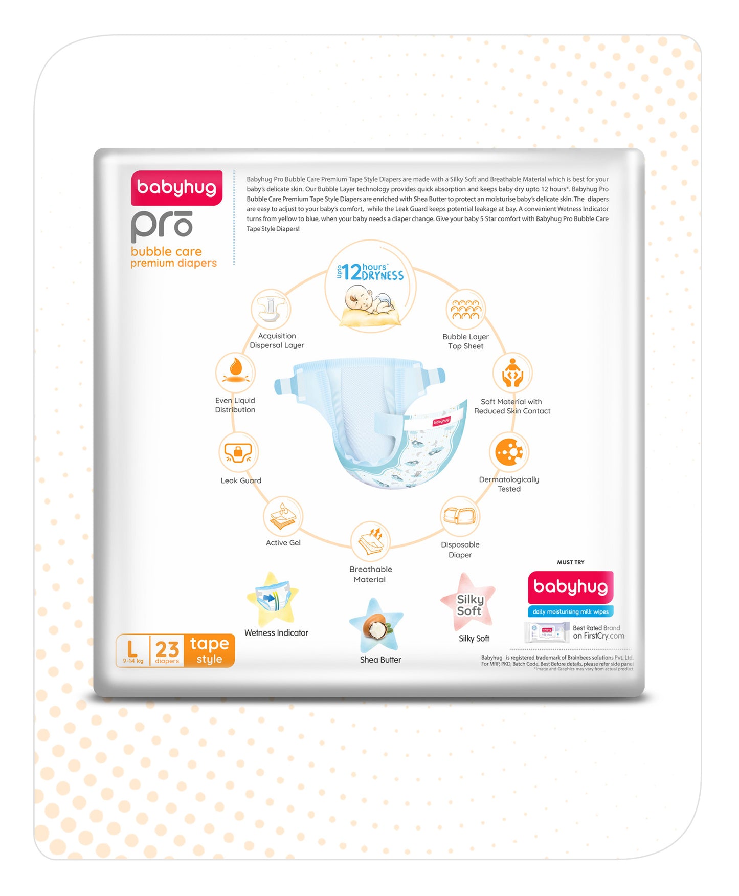 Babyhug Pro Bubble Care Premium Tape Style Diapers, Size 4, Large - 23 Pieces