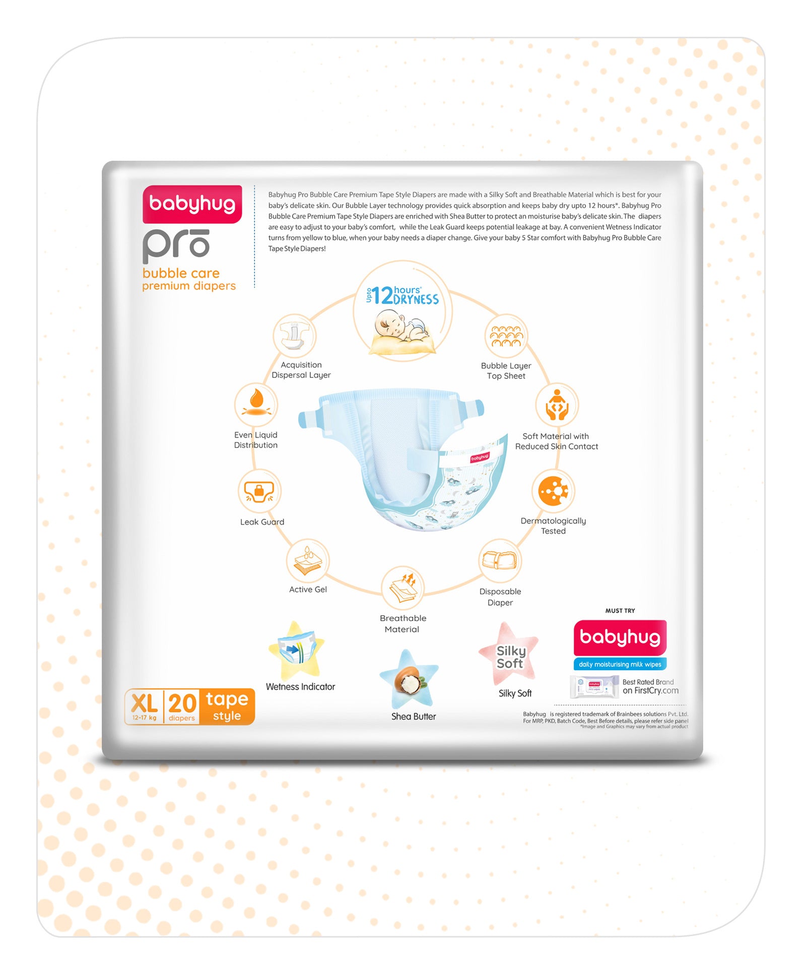 Babyhug Pro Bubble Care Premium Tape Style Diapers, Size 5, Extra Large - 20 Pieces