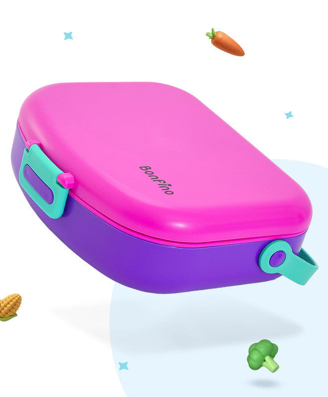 Bonfino Lunch Box, Leak-Resistant, Multi-Material Build, Durable, 3 Years+, 1300 mL, 24.3 x 21 x 7.7 cm - Pink and Purple