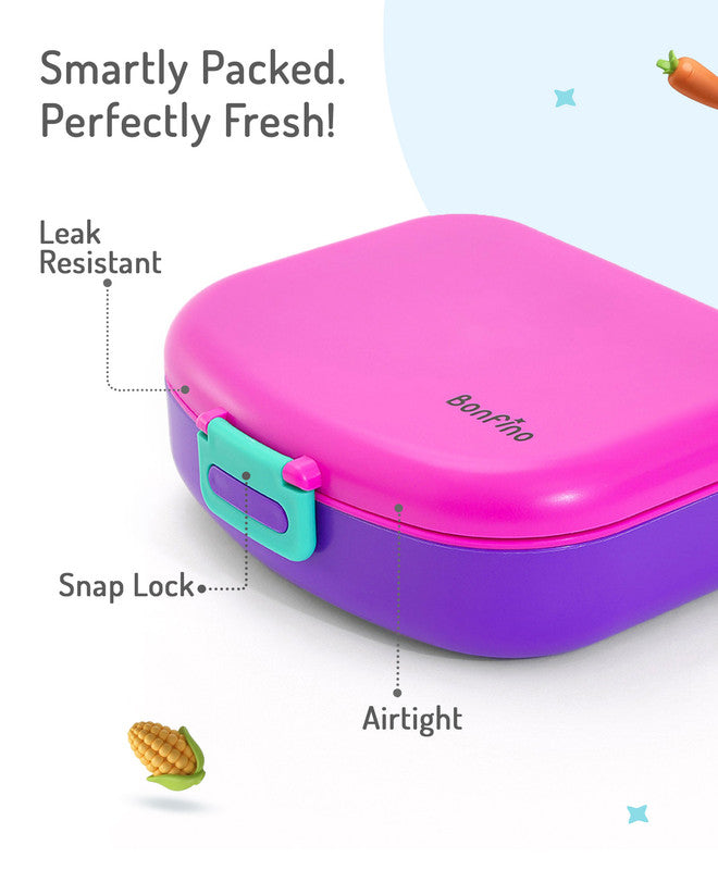 Bonfino Lunch Box, Leak-Resistant, Multi-Material Build, Durable, 3 Years+, 1300 mL, 24.3 x 21 x 7.7 cm - Pink and Purple