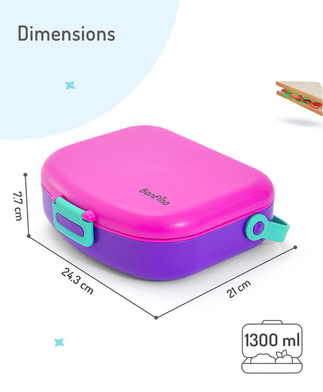 Bonfino Lunch Box, Leak-Resistant, Multi-Material Build, Durable, 3 Years+, 1300 mL, 24.3 x 21 x 7.7 cm - Pink and Purple