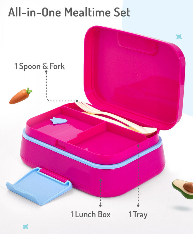 Bonfino Lunch Box with Spoon and Fork, Leak-Resistant Seal, Food-Grade PP and Silicone, Durable, 3 Years+, 1145 mL, 21.5 x 14.5 x 7.6 cm - Pink