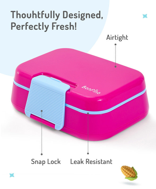 Bonfino Lunch Box with Spoon and Fork, Leak-Resistant Seal, Food-Grade PP and Silicone, Durable, 3 Years+, 1145 mL, 21.5 x 14.5 x 7.6 cm - Pink