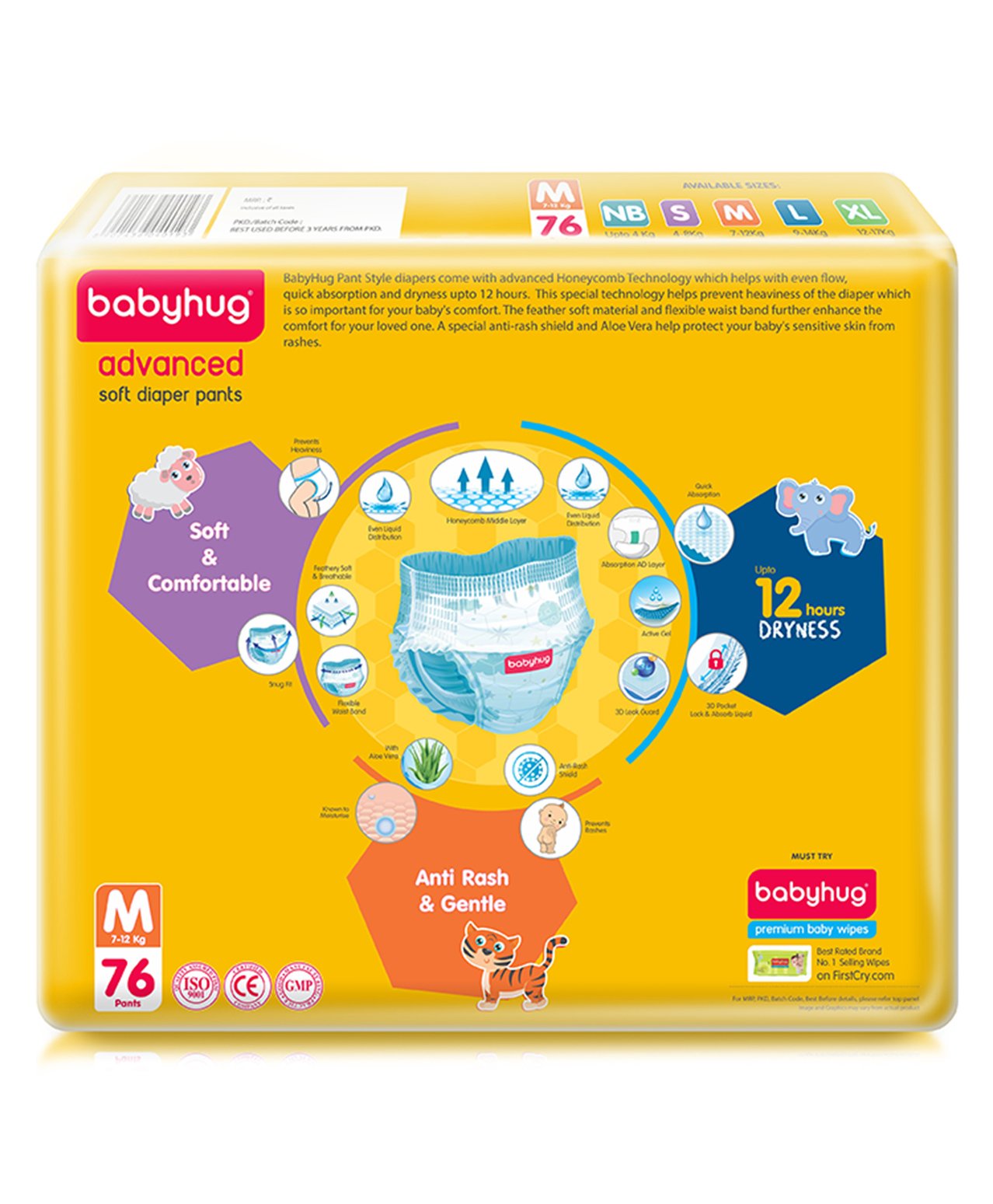 Babyhug Advanced Soft Pant Style Diapers with Aloe Vera, Medium, Size 3 - 76 Pieces