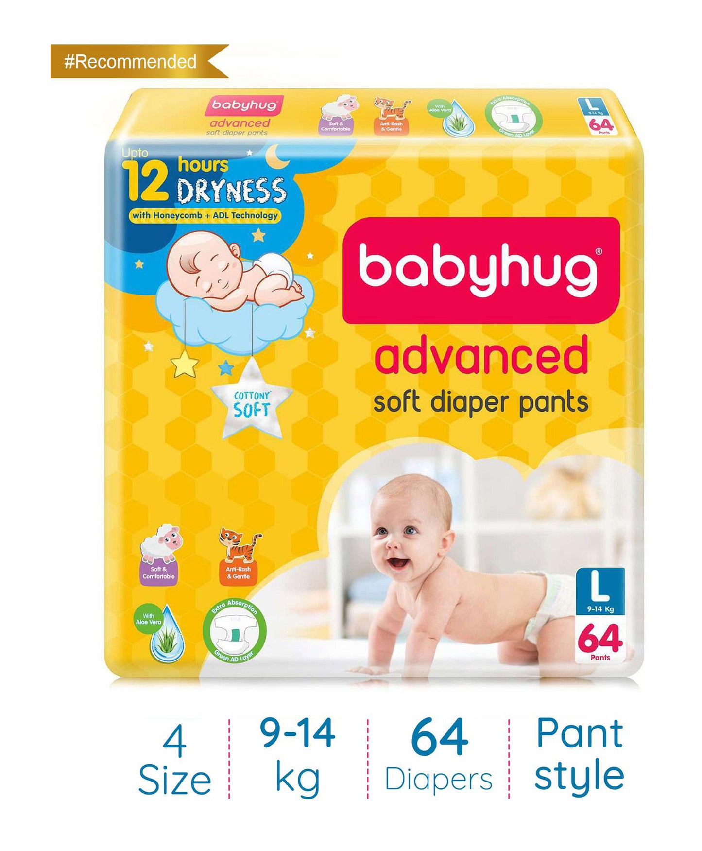 Babyhug Advanced Soft Pant Style Diapers with Aloe Vera, Large, Size 4 - 64 Pieces