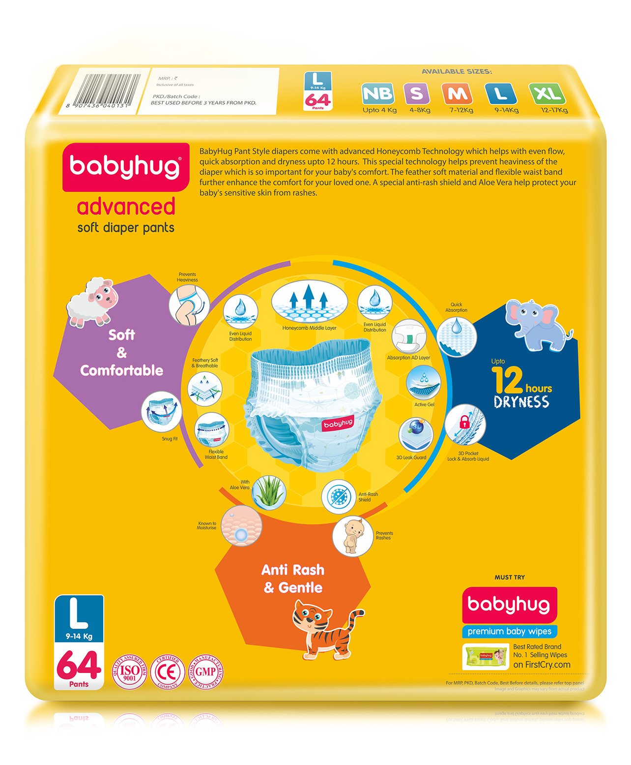 Babyhug Advanced Soft Pant Style Diapers with Aloe Vera, Large, Size 4 - 64 Pieces