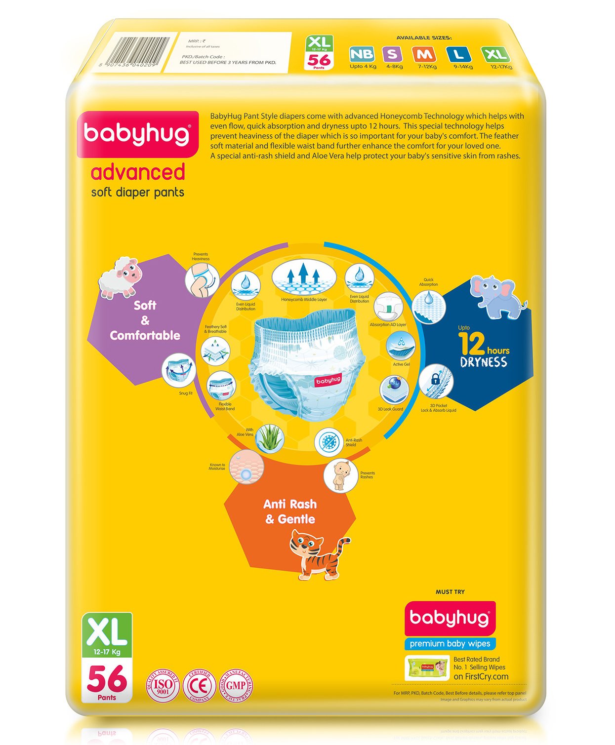 Babyhug Advanced Soft Pant Style Diapers with Aloe Vera, Size 5 - 56 Pieces