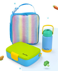 Bonfino Lunch Box with Bottle and Lunch Bag, Leak-Resistant, Multi-Material Build, Durable, 3 Years+, Blue and Green - 3 Pieces_1