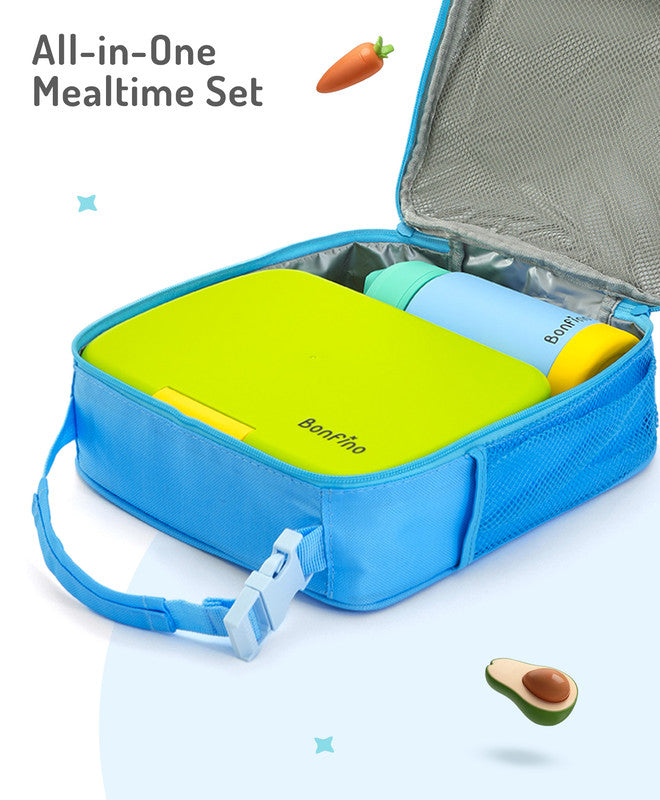 Bonfino Lunch Box with Bottle and Lunch Bag, Leak-Resistant, Multi-Material Build, Durable, 3 Years+, Blue and Green - 3 Pieces
