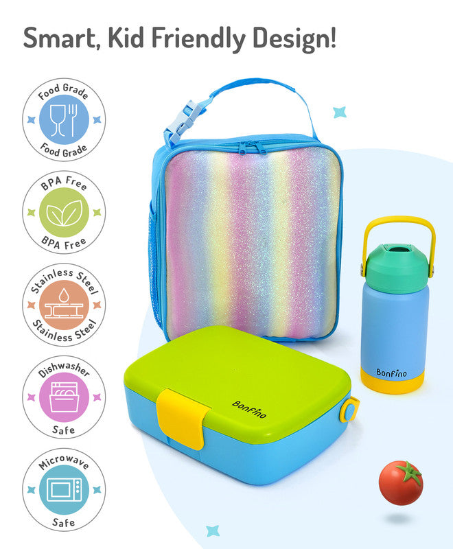 Bonfino Lunch Box with Bottle and Lunch Bag, Leak-Resistant, Multi-Material Build, Durable, 3 Years+, Blue and Green - 3 Pieces