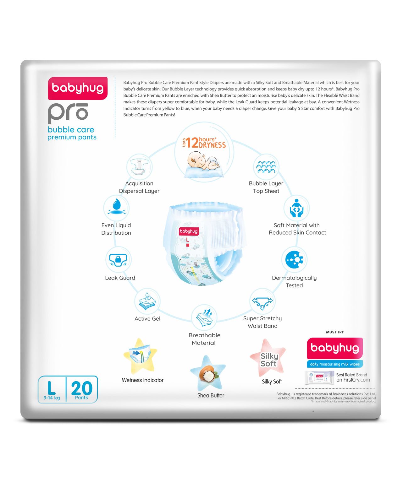 Babyhug Pro Bubble Care Premium Pant Style Diapers, Large, Size 4 - 20 Pieces