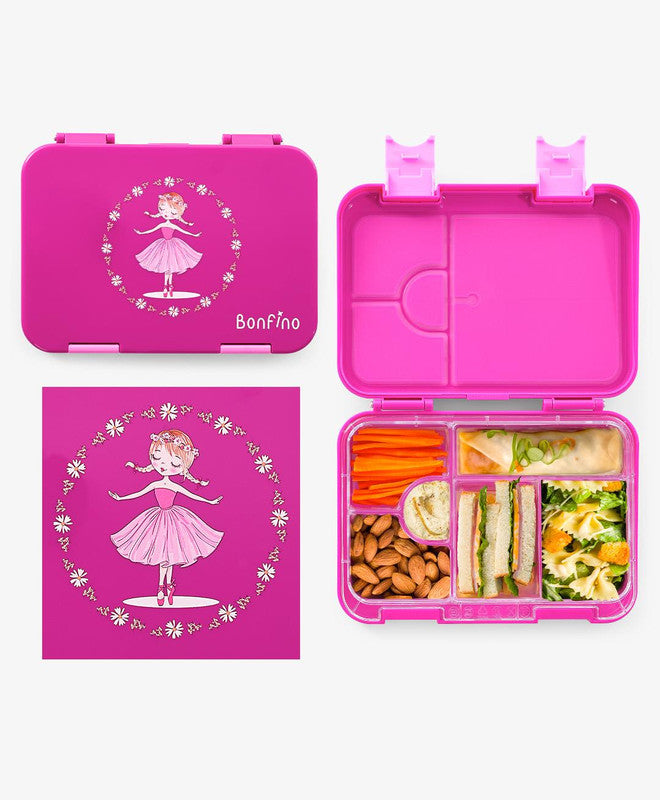 Bonfino Ballerina ABS Bento Lunch Box, BPA Free, Microwave Safe Removable Tray, 6 Adjustable Compartments, Leak Resistant, Lightweight, 22x15.5x5cm, 1.1L, 3 Years+ - Pink