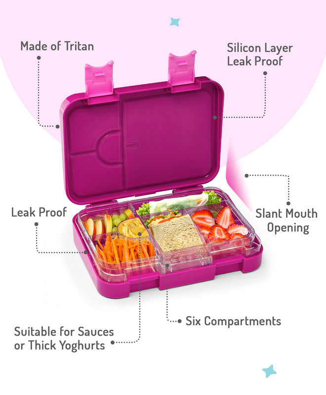 Bonfino Ballerina ABS Bento Lunch Box, BPA Free, Microwave Safe Removable Tray, 6 Adjustable Compartments, Leak Resistant, Lightweight, 22x15.5x5cm, 1.1L, 3 Years+ - Pink