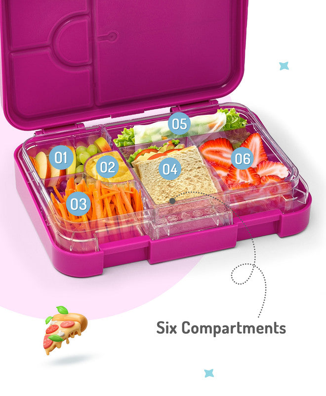 Bonfino Ballerina ABS Bento Lunch Box, BPA Free, Microwave Safe Removable Tray, 6 Adjustable Compartments, Leak Resistant, Lightweight, 22x15.5x5cm, 1.1L, 3 Years+ - Pink