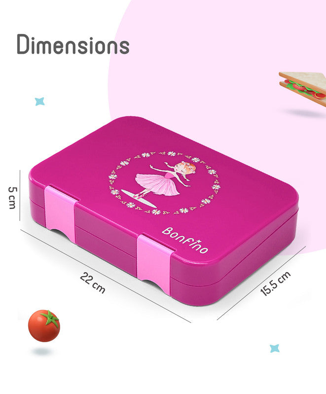 Bonfino Ballerina ABS Bento Lunch Box, BPA Free, Microwave Safe Removable Tray, 6 Adjustable Compartments, Leak Resistant, Lightweight, 22x15.5x5cm, 1.1L, 3 Years+ - Pink
