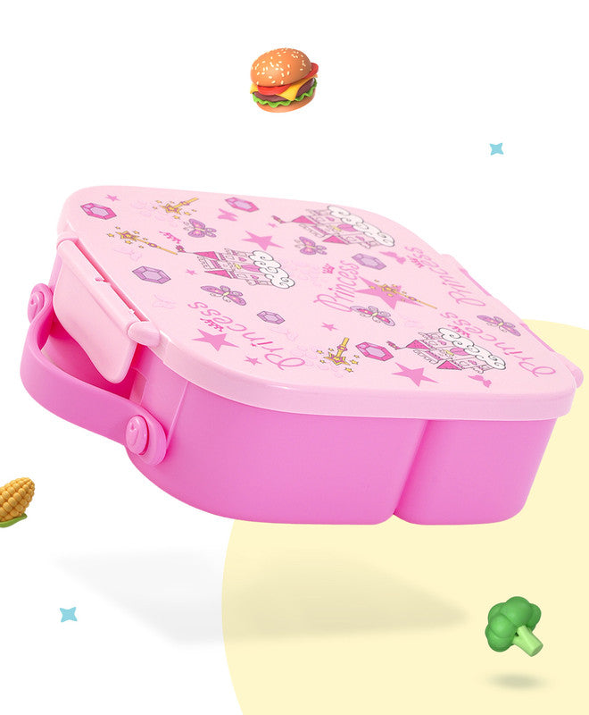 Bonfino Lunch Box, Leak-Resistant Seal, Food-Grade PP and Silicone, Durable, Princess Theme, 3 Years+, 1100 mL, 21.8 x 21.1 x 7.5 cm - Pink