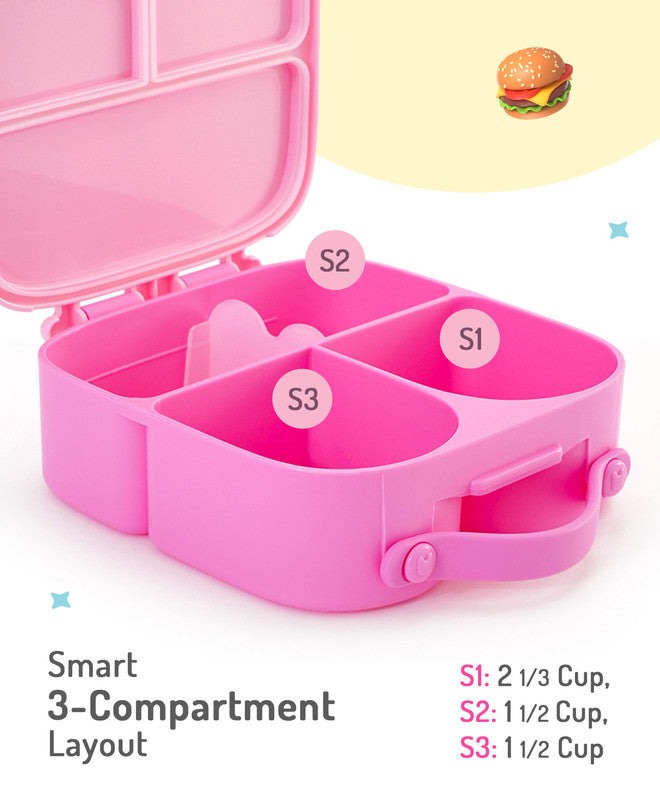 Bonfino Lunch Box, Leak-Resistant Seal, Food-Grade PP and Silicone, Durable, Princess Theme, 3 Years+, 1100 mL, 21.8 x 21.1 x 7.5 cm - Pink