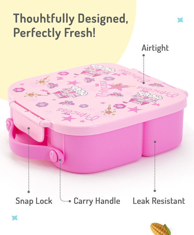 Bonfino Lunch Box, Leak-Resistant Seal, Food-Grade PP and Silicone, Durable, Princess Theme, 3 Years+, 1100 mL, 21.8 x 21.1 x 7.5 cm - Pink