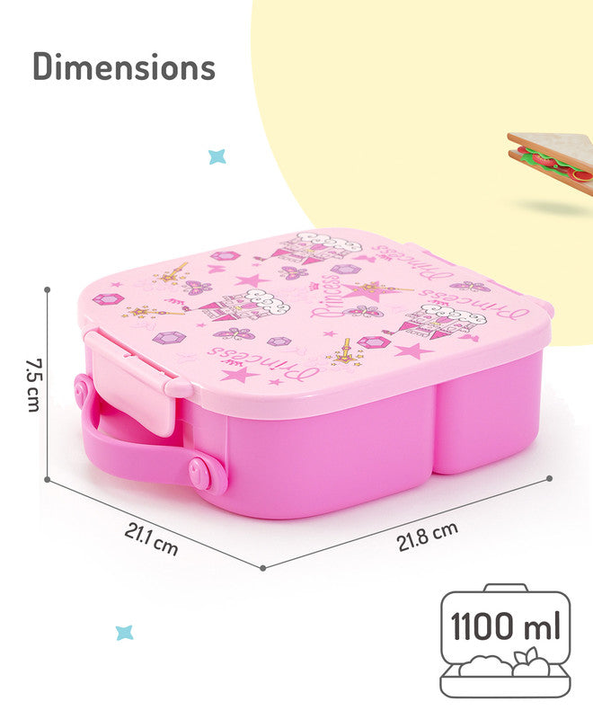 Bonfino Lunch Box, Leak-Resistant Seal, Food-Grade PP and Silicone, Durable, Princess Theme, 3 Years+, 1100 mL, 21.8 x 21.1 x 7.5 cm - Pink