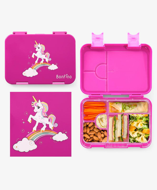 Bonfino Unicorn ABS Bento Lunch Box, BPA Free, Microwave Safe Removable Tray, 6 Adjustable Compartments, Leak Resistant, Lightweight, 22x15.5x5cm, 1.1L, 3 Years+ - Pink