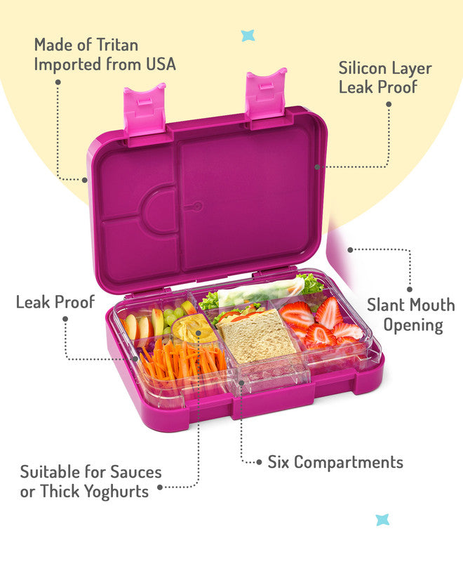 Bonfino Unicorn ABS Bento Lunch Box, BPA Free, Microwave Safe Removable Tray, 6 Adjustable Compartments, Leak Resistant, Lightweight, 22x15.5x5cm, 1.1L, 3 Years+ - Pink